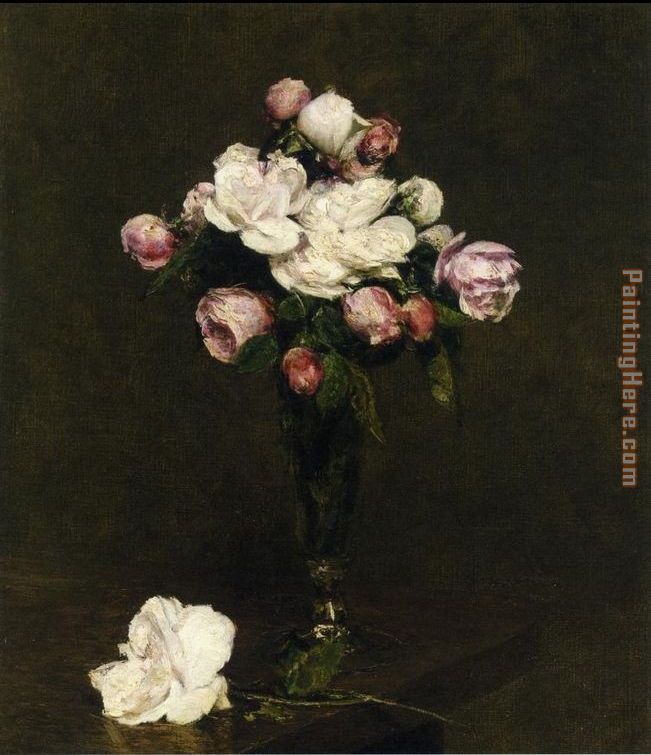 White Roses and Roses in a Footed Glass painting - Henri Fantin-Latour White Roses and Roses in a Footed Glass art painting